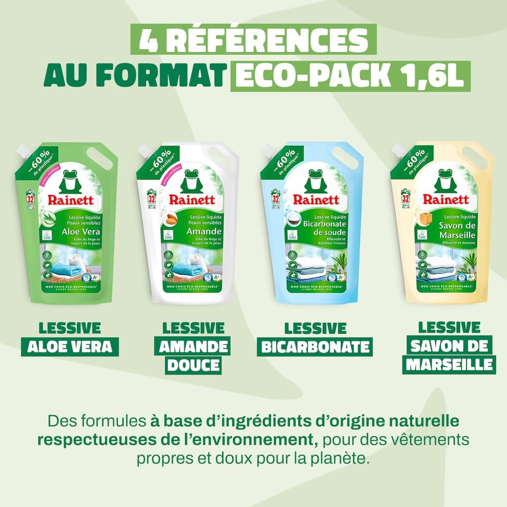 RAINETT Lessive liquide peaux sensibles écologique à l'aloe vera 32 lavages 1,6L