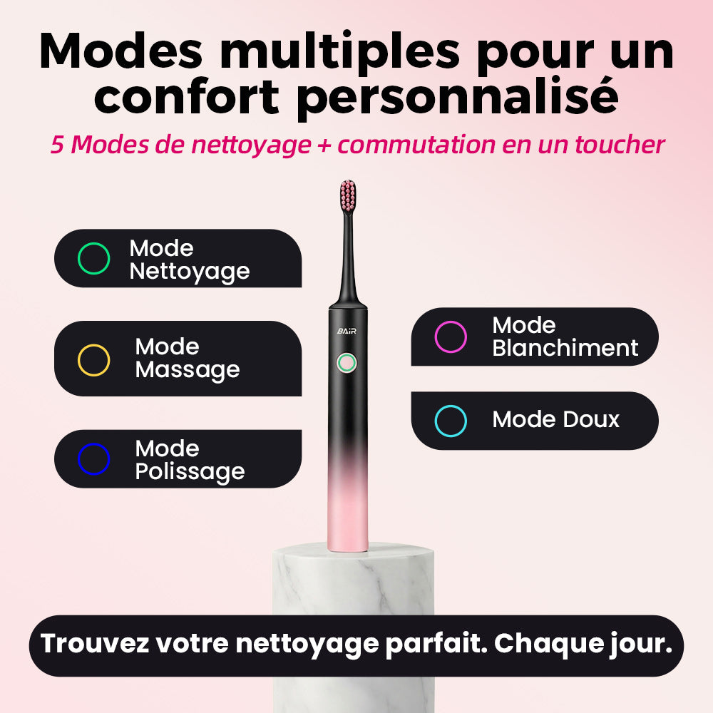 BAIR CARE Brosse à dents électrique sonique X6 - Batterie longue durée 90 jours, Rechargeable, 5 modes, Vibration haute fréquence, Étanche IPX7, Soin bucco-dentaire quotidien
