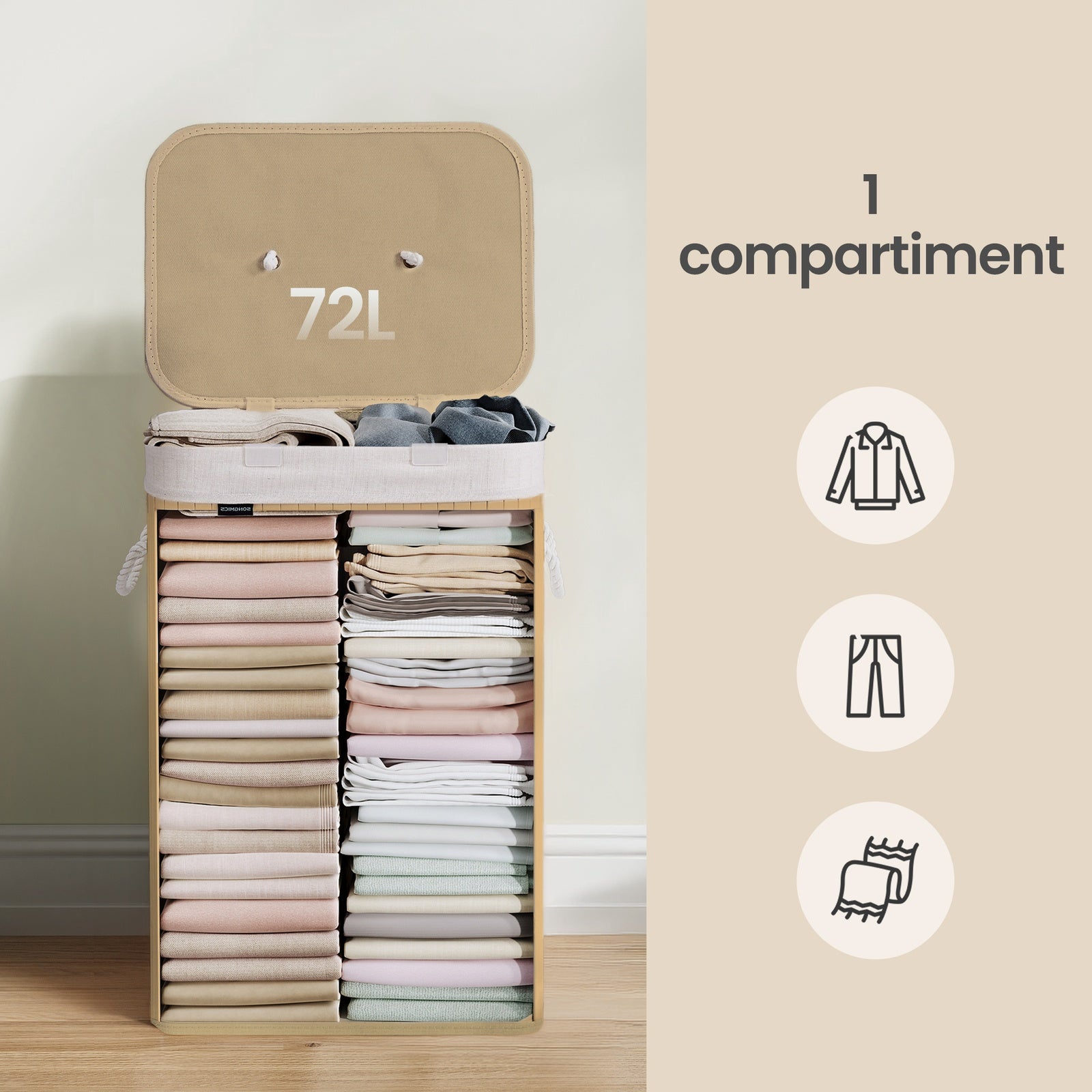 JOYFURNOS Panier à linge avec couvercle, panier de lavage pliable en bambou avec sac doublure amovible et cadre en bois solide, grande capacité de 72L, taille gain de place 40x30x61cm, idéal pour chambre, salle de bain, buanderie, dortoir, Naturel