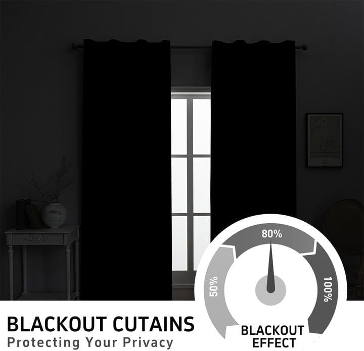 YSTYLE Rideaux Occultants pour Chambre et Salon - Lot de 2 Panneaux Isolants Thermiques Rideaux Obscurcissants, 140x280 cm, ZGB, Noir