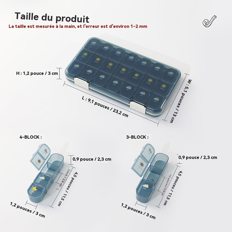 JORDAN & JUDY Organisateur de pilules hebdomadaire portable étanche de 21 compartiments - Bleu