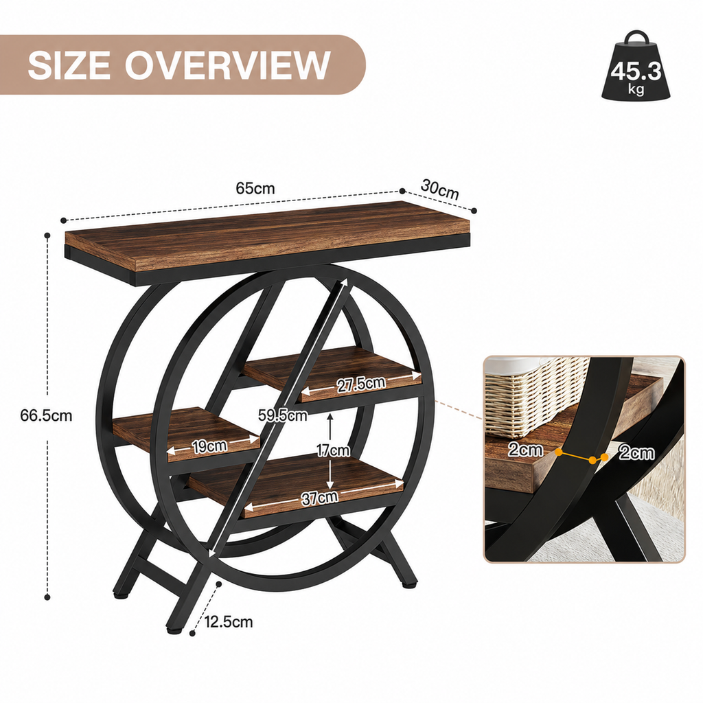 LANTINE Table d'appoint 3 niveaux avec rangement Cadre métallique géométrique style industriel Marron rustique