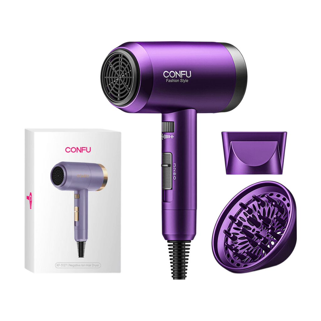 CONFU Sèche-cheveux à haute vitesse 3127 Violet, 2W RPM puissance 1800 W, Haute concentration d'ions négatifs, 2 embouts, Séchage rapide
