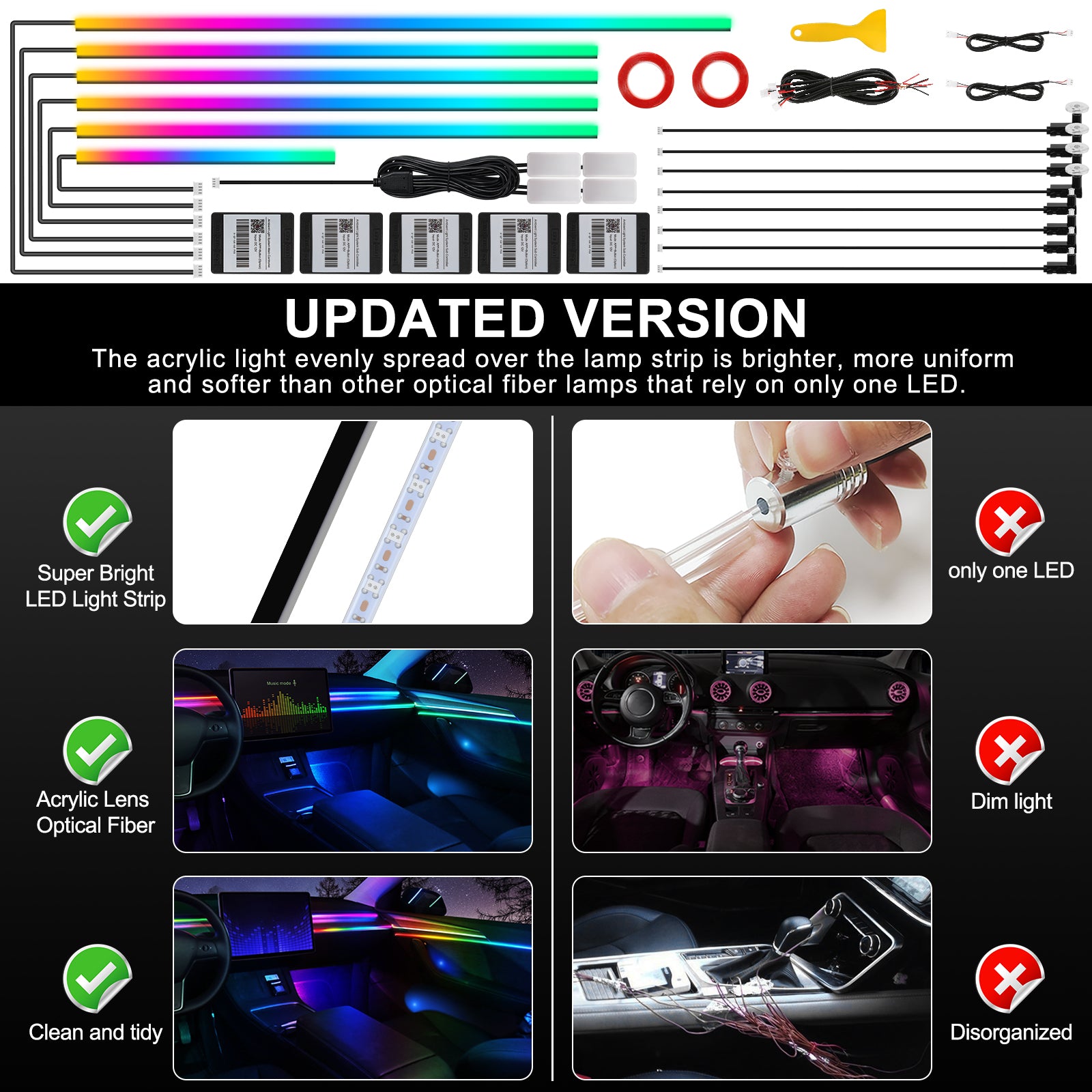 Dreamcolor Ruban LED à fibre optique avec application sans fil, RGB 18-en-1, 175 pouces, 593 LED et effet dynamique avec synchronisation musicale pour voiture