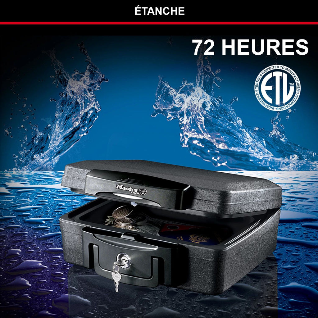 Master Lock Boîte de sécurité certifiée résistante au feu et à l’eau, avec clé, 4,9 L, 362 x 156 x 330 mm, portable avec poignée de transport, pour la maison et les professionnels