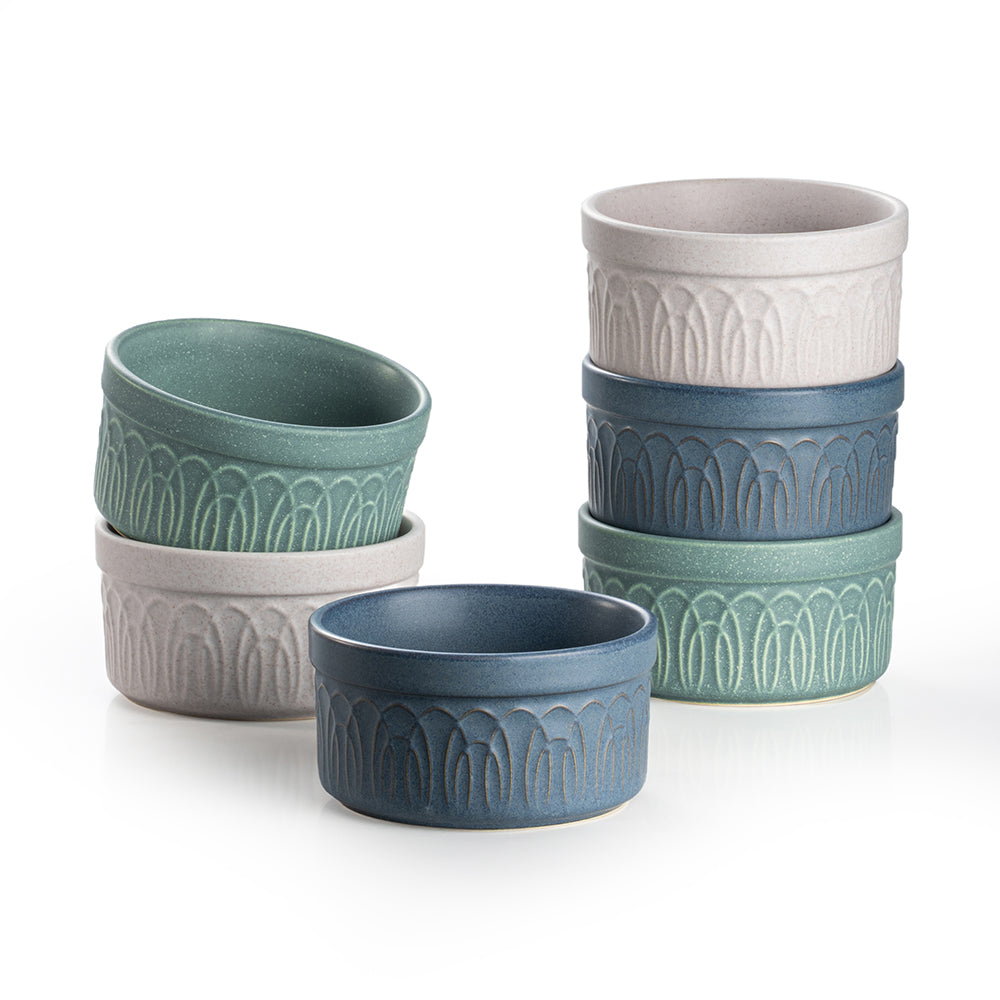 DAFUCERAMIC Ramequins 8 Oz Résistants au Four, Coupelles en Céramique pour Crème Brûlée et Soufflé, Pots de Crème et Flan, Petits Bols à Sauce, Lot de 6, Compatibles Micro-ondes et Lave-vaisselle (Coloris Neutres Assortis)