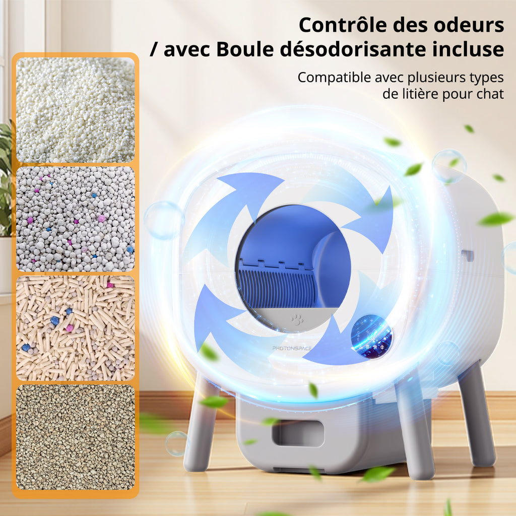 PHOTONSPACE XXL 95L – Bac à litière automatique autonettoyant – Confort mains libres, sécurité avancée et contrôle des odeurs pour les foyers avec plusieurs chats