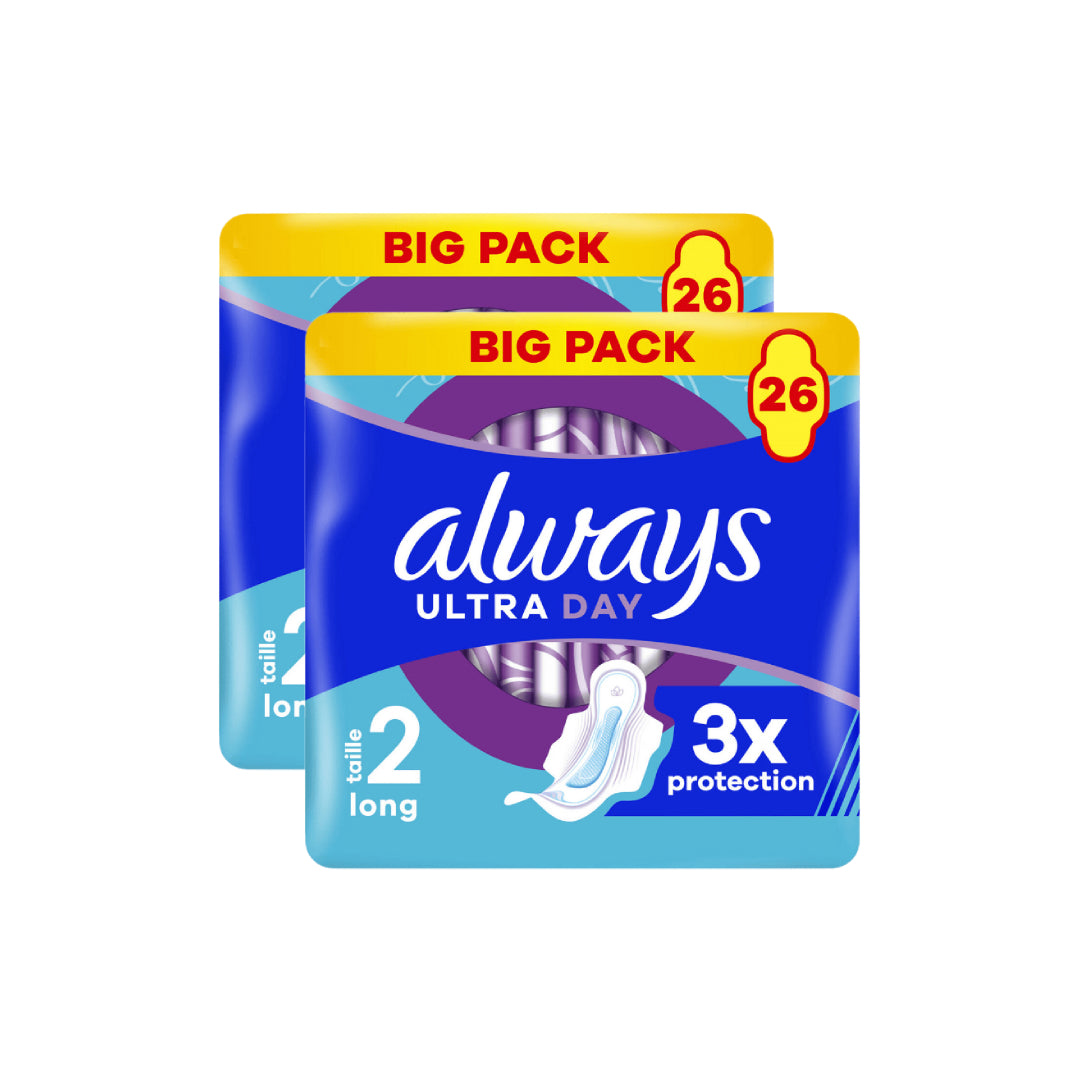 Always Ultra Serviettes Hygiéniques de Jour Longue Longueur (Taille 2) Avec Ailettes 52 Serviettes Ultra Fines Super Absorbantes (2 Paquets de 26)
