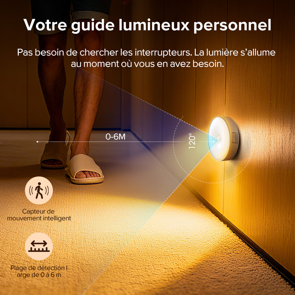 VIVREAL Veilleuses LED à détecteur de mouvement, Lot de 6, sans fil rechargeables, Mode 3 couleurs, Magnétiques à coller au mur