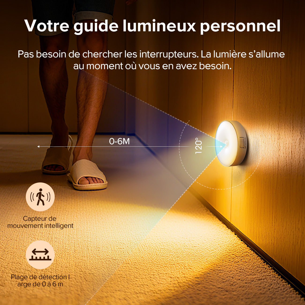 VIVREAL Veilleuses LED à détecteur de mouvement, Lot de 6, sans fil rechargeables, Mode 3 couleurs, Magnétiques à coller au mur