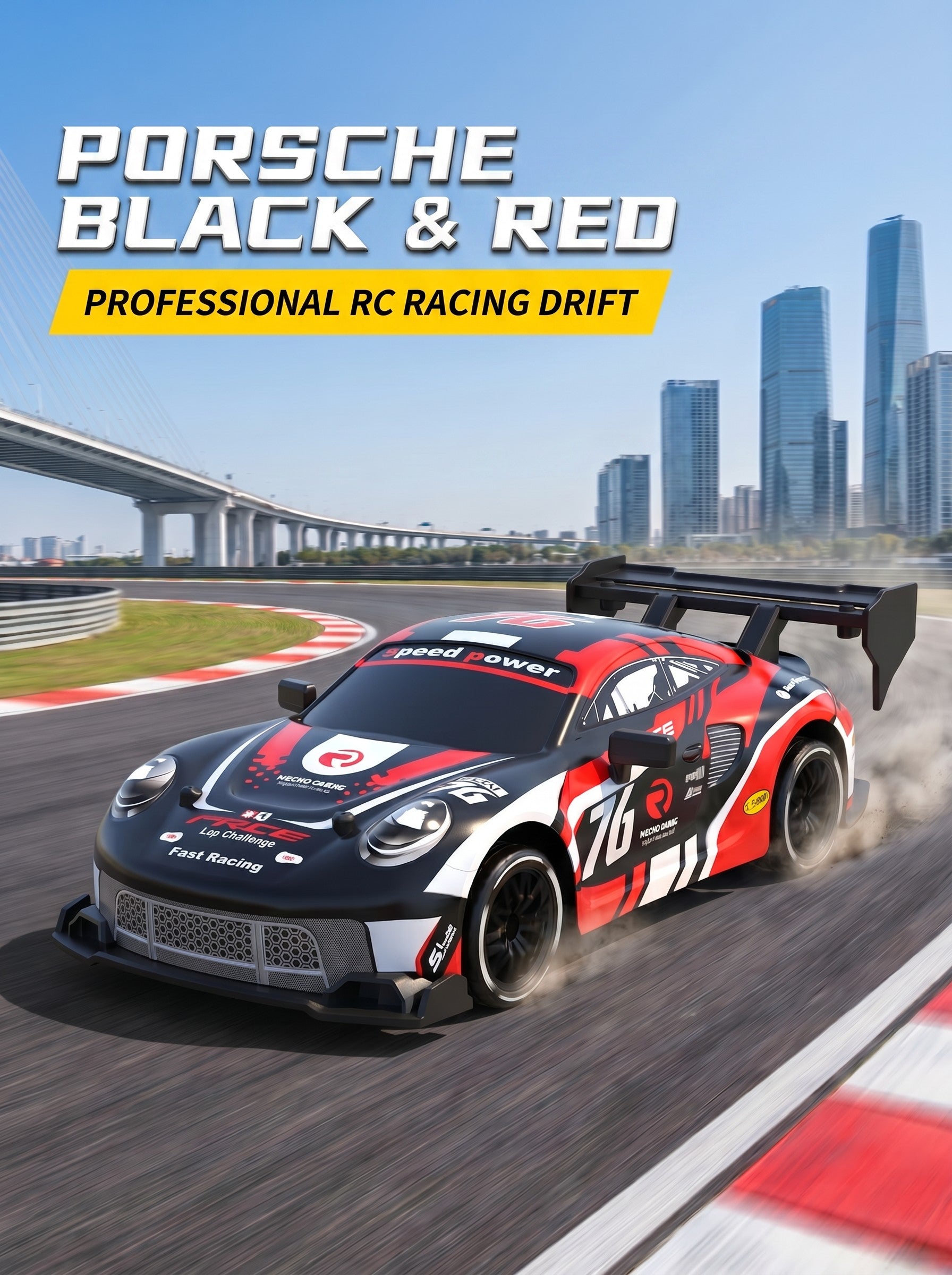 Voiture de Drift RC 4WD Porsche 1:24, Haute Vitesse 2,4 g, Moteur 25000 RPM, Pneus de Drift et Lumières LED, Jouet de Course Intérieur Portée 50 m pour 8 Ans et Plus, One Piece en Noir