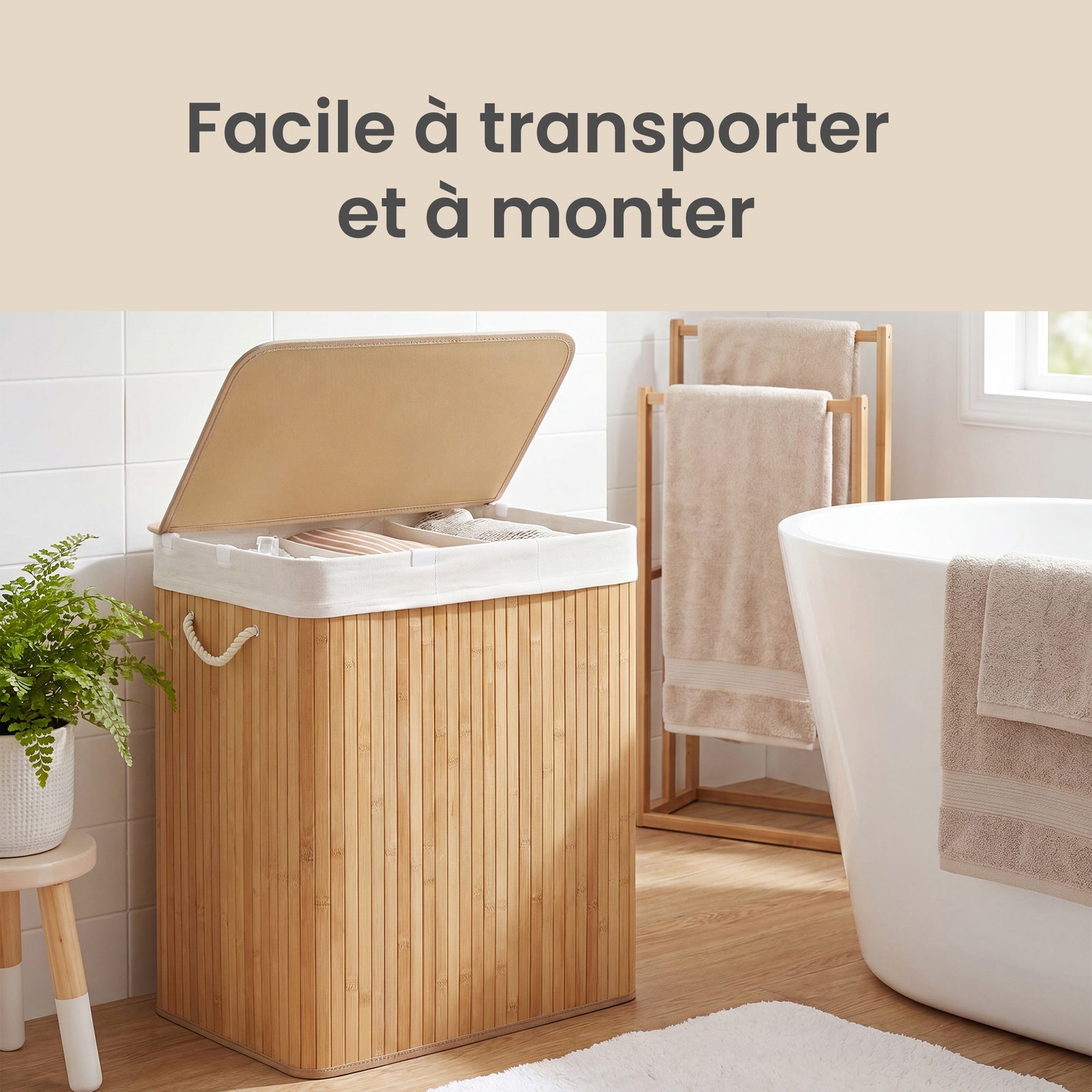 JOYFURNOS Grand Panier à Linge en Bambou, Panier à Linge Pliable à 3 Compartiments avec Couvercle, Sac Intérieur Amovible, Naturel