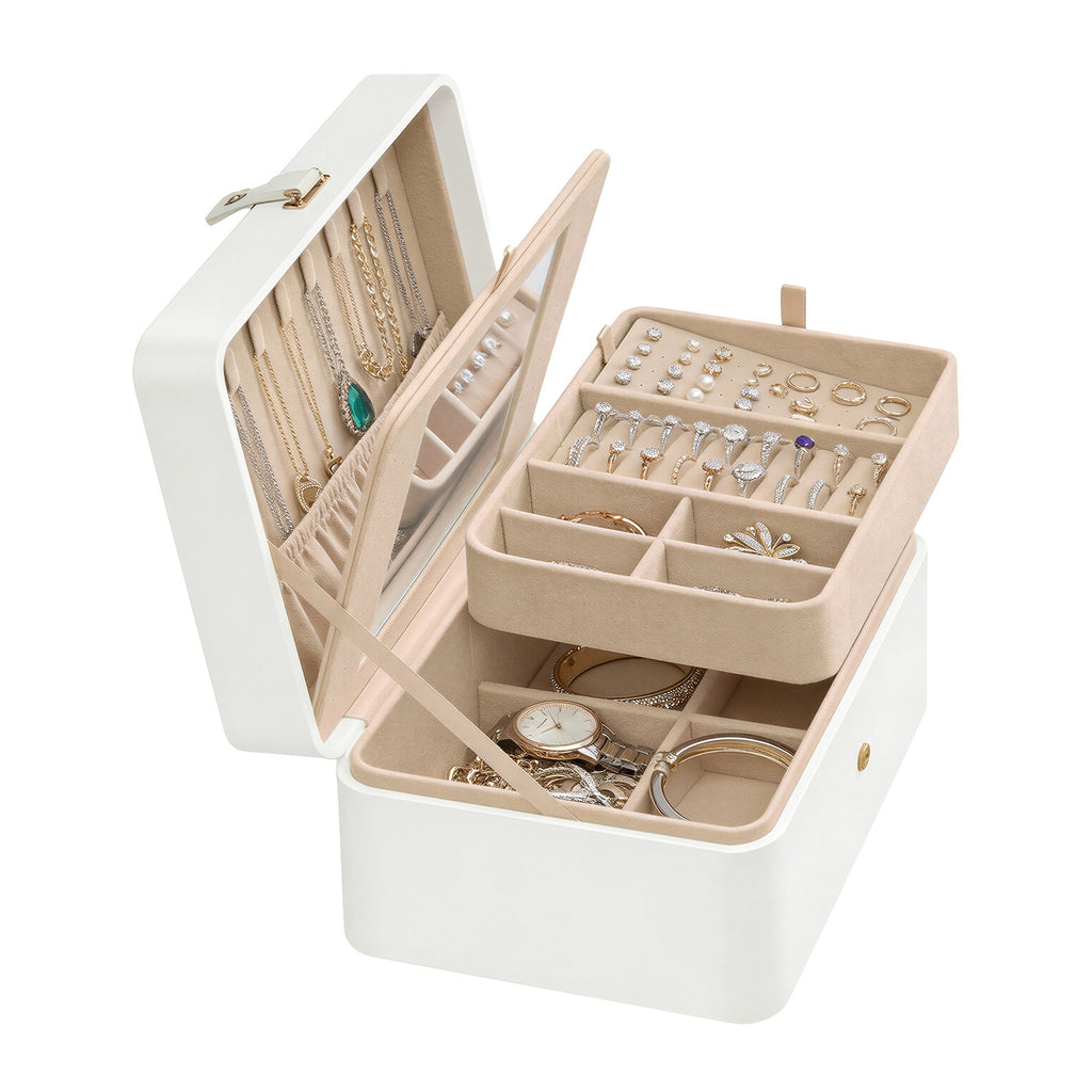 JOYFURNOS Boîte à bijoux à 2 niveaux avec miroir, plateau amovible, organiseur de colliers et boucles d’oreilles - Blanc