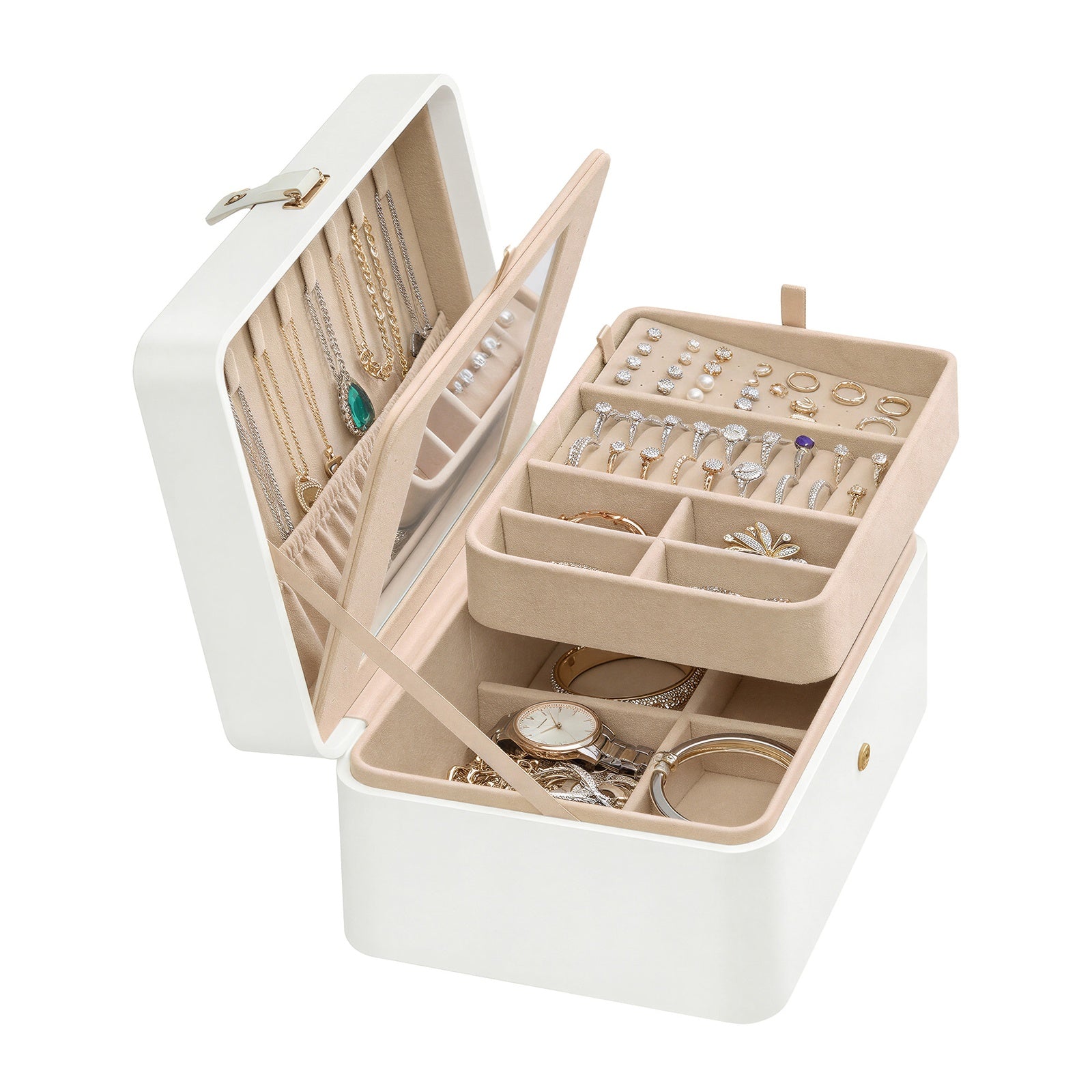 JOYFURNOS Boîte à bijoux à 2 niveaux avec miroir, plateau amovible, organiseur de colliers et boucles d’oreilles - Blanc