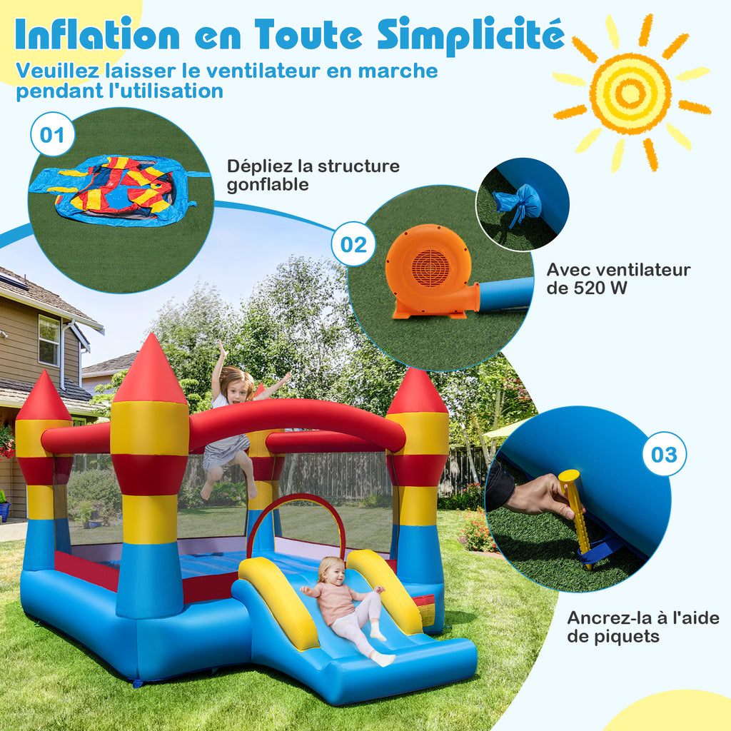 Costway Trampoline gonflable 3-en-1 pour enfants avec toboggan, grande surface de saut et panier de basket, souffleur non inclus