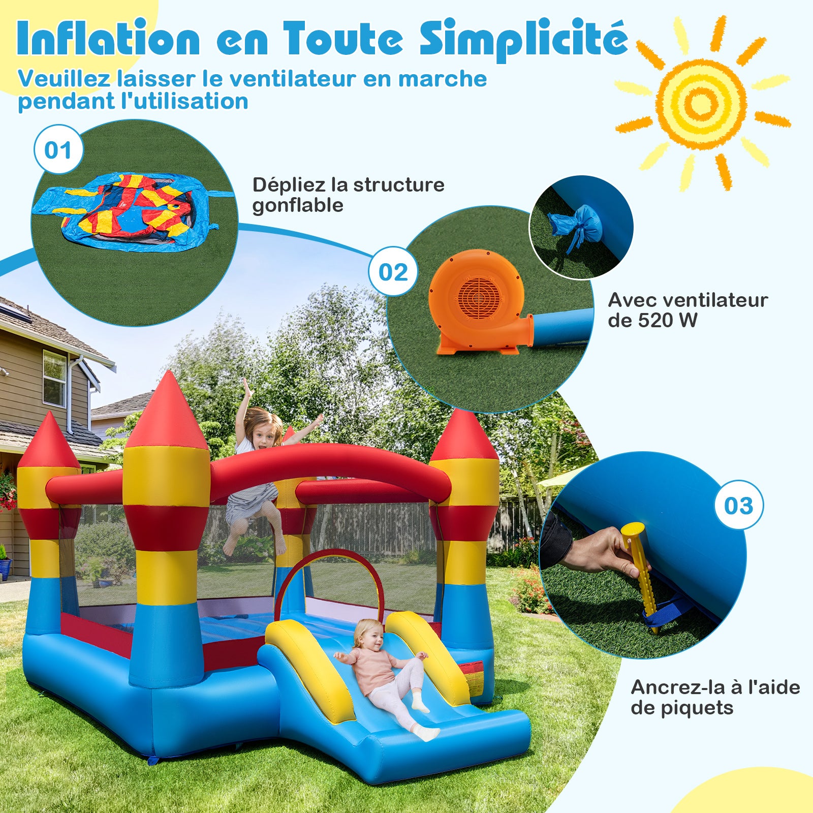 Costway Trampoline gonflable 3-en-1 pour enfants avec toboggan, grande surface de saut et panier de basket, souffleur non inclus
