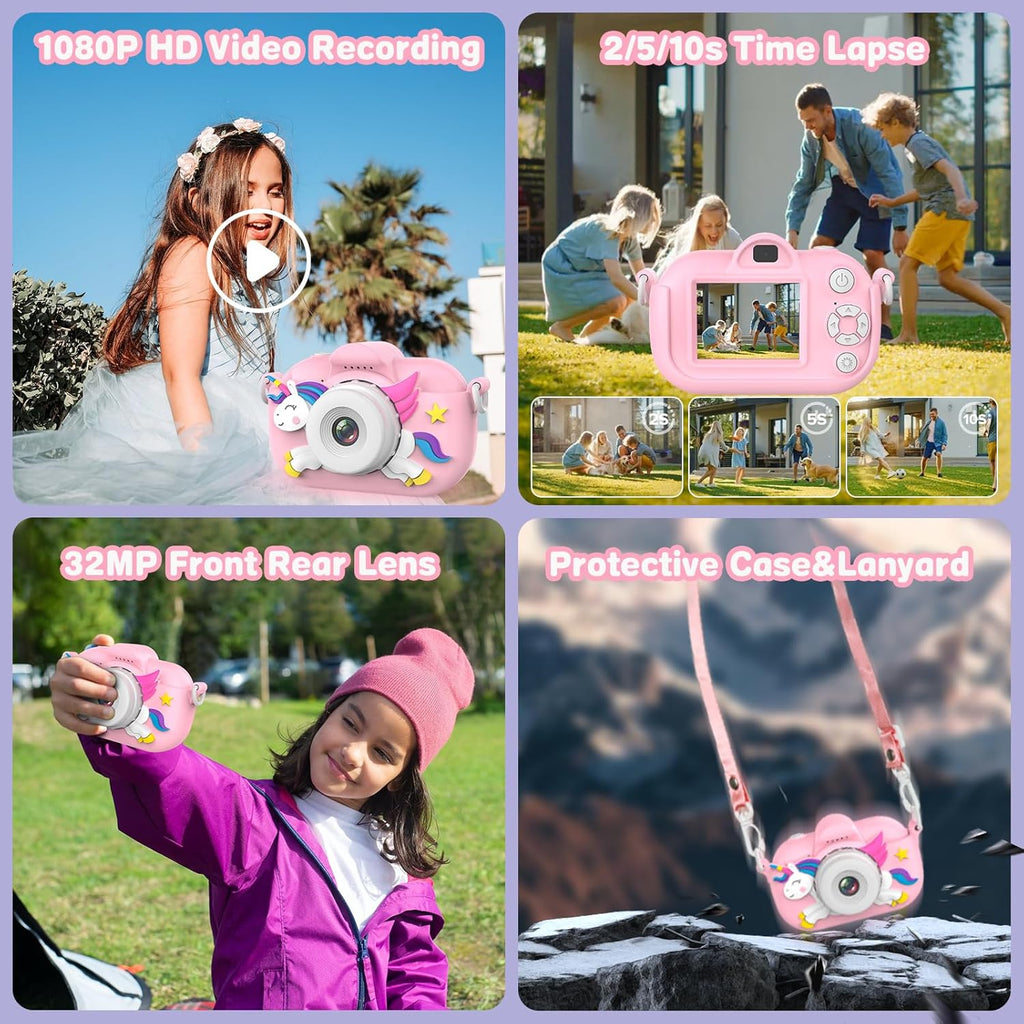 Songdian DC501J Appareil photo pour enfants avec étui souple à motif dessin animé Rose