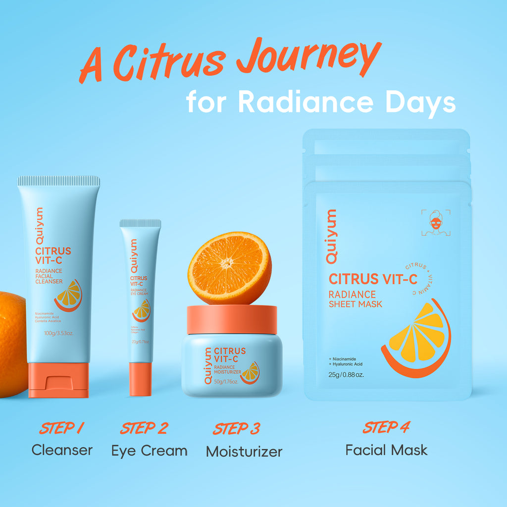 Quiyum Coffret de soins vitamine C agrumes 11 pièces Nettoyant visage 100 g Crème contour des yeux 20 g Crème visage 50 g Gommage corps 200 g Masque visage 25 g × 3 Avec élastiques