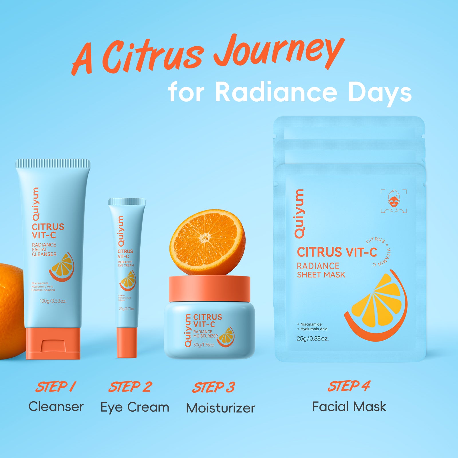 Quiyum Coffret de soins vitamine C agrumes 11 pièces Nettoyant visage 100 g Crème contour des yeux 20 g Crème visage 50 g Gommage corps 200 g Masque visage 25 g × 3 Avec élastiques