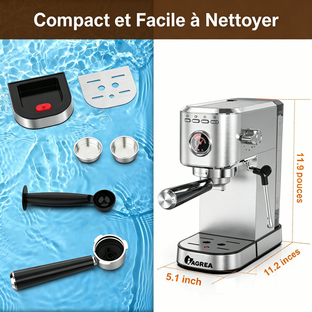 IAGREEA Machine à expresso professionnelle 20 bars avec manomètre, buse vapeur et plateau chauffe-tasses, machine à café à simple/double dose, réservoir d'eau amovible de 1,1 L