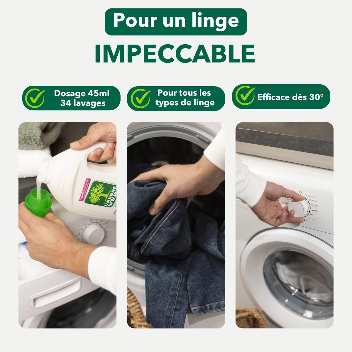 L'Arbre Vert Lessive Liquide Savon Végétal Hypoallergénique, Bouteille à Pichet, 1,53 L, 34 Lavages