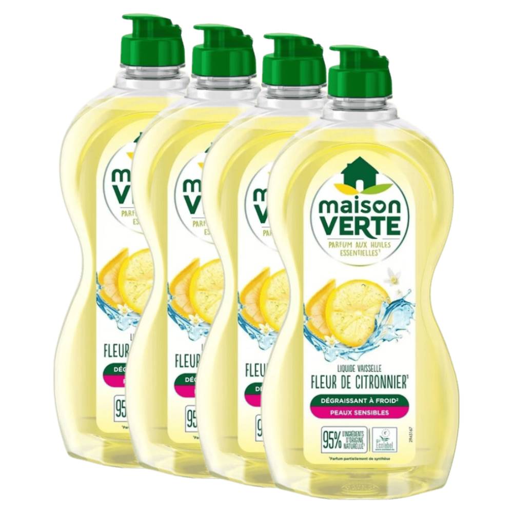 Maison Verte Liquide Vaisselle, Formule Dégraissante à Froid pour Peaux Sensibles, Certifié Écolabel, Fleur de Citronnier, 4 x 500 ml (= 2 L)