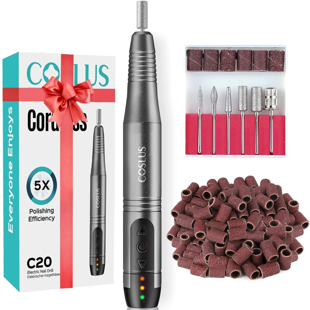 COSLUS Lime électrique sans fil pour ongles Professionnelle pour ongles en acrylique gel poudre trempée Kit de ponceuse à ongles portable pour manucure pédicure avec tout inclus Rechargeable Légère Gris