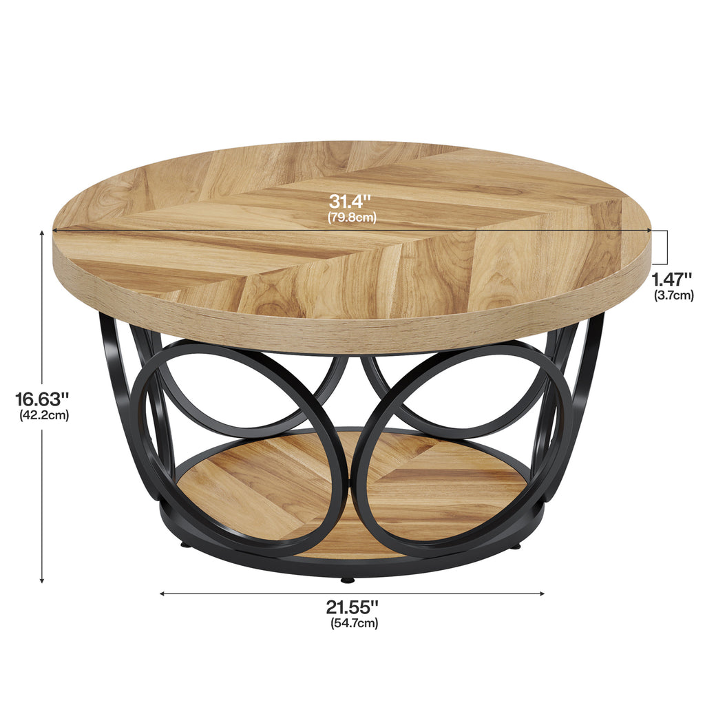 Tribesigns Table basse ronde 80 cm style ferme, rangement 2 niveaux, cadre en métal, grain de bois marron