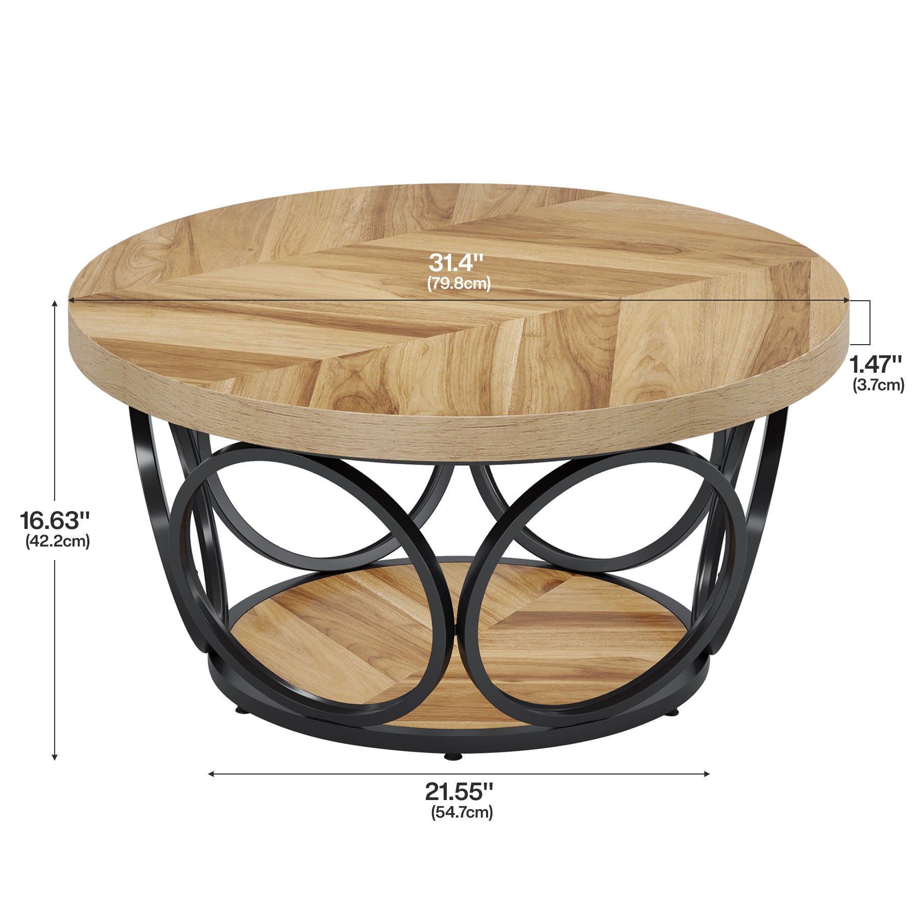 Tribesigns Table basse ronde 80 cm style ferme, rangement 2 niveaux, cadre en métal, grain de bois marron