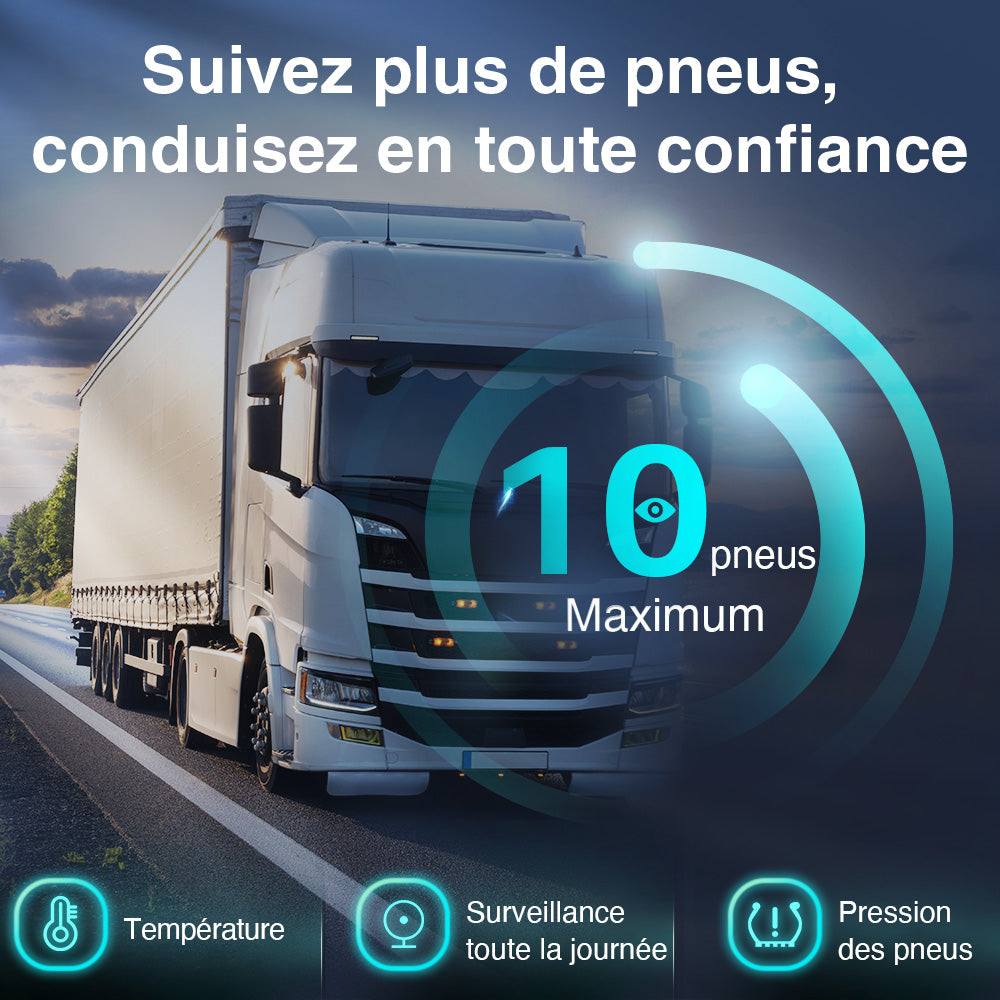 GUTA GT40+4GS02 Système de surveillance de la pression des pneus pour camping-cars/remorques avec 4 capteurs, TPMS de 0 à 188 PSI, chargement solaire, 6 modes d'alarme