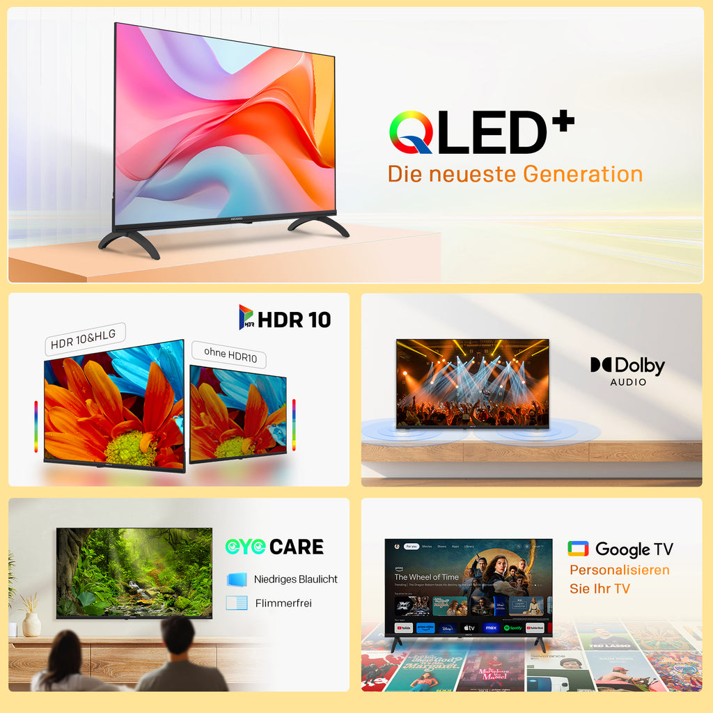 Coocaa QLED 32 pouces (80 cm) Google TV, HDR10, Dolby Audio, Bluetooth 5.1, EyeCare, Chromecast intégré, Triple Tuner DVB-T2/C/S2, CI+, Modèle 32CGQG40Z (2026), Classe Énergétique E