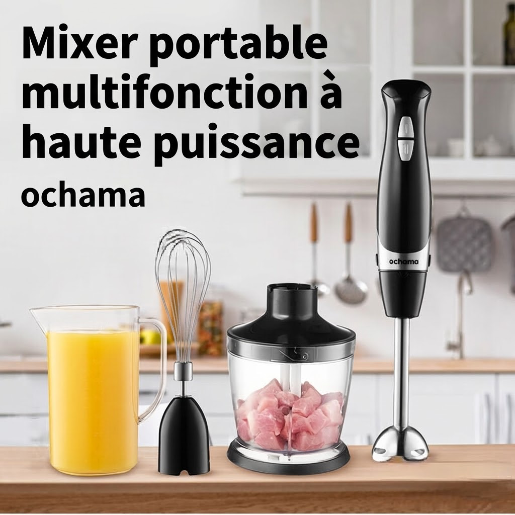 ochama Mixeur Plongeant 600W, 4-en-1 avec Fouet, Hachoir, 2 Vitesses, Monte Œufs et Crème, Nourriture Bébé, Soupe, Purées, Amovible et Facile à Nettoyer, Bol 500ml + Gobelet Doseur 800ml