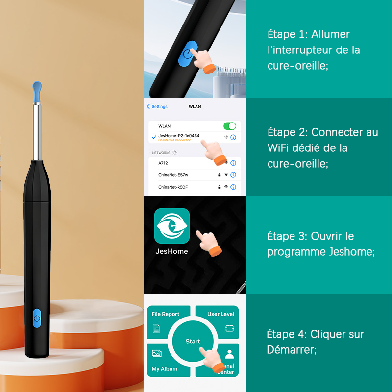 Sunluxy Outil d'extraction de cérumen avec caméra 5 MP et 7 kits, 6 lumières LED, embouts souples en silicone, étanche IPX5, rechargeable Type-C, compatible avec iOS et Android – P2, noir