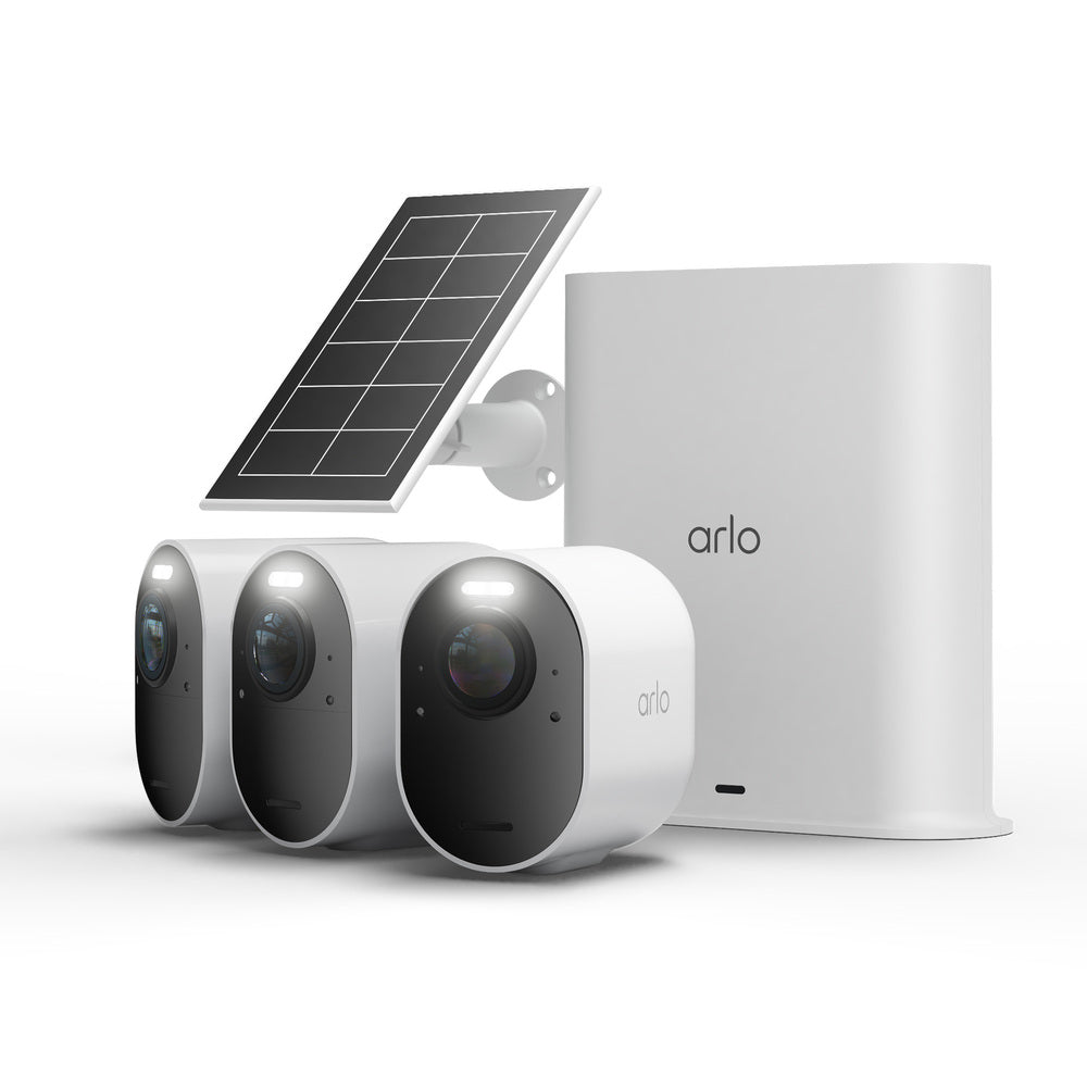 Arlo VMC5350-111EUS Caméra de Sécurité extérieure Ultra 3 4K WiFi sans Fil, Kit de 3 Caméras + Panneau Solaire et Smarthub, Détection par IA, Vision Nocturne Couleur, Compatible avec Alexa
