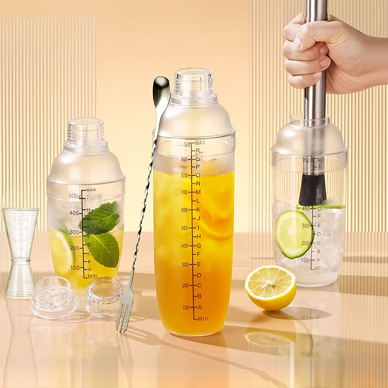 BJ Kit de shaker 700 ml - 4 pièces (couvercle anti-éclaboussures + cuillère de bar + gobelet doseur + pilon à glace de 30 cm)