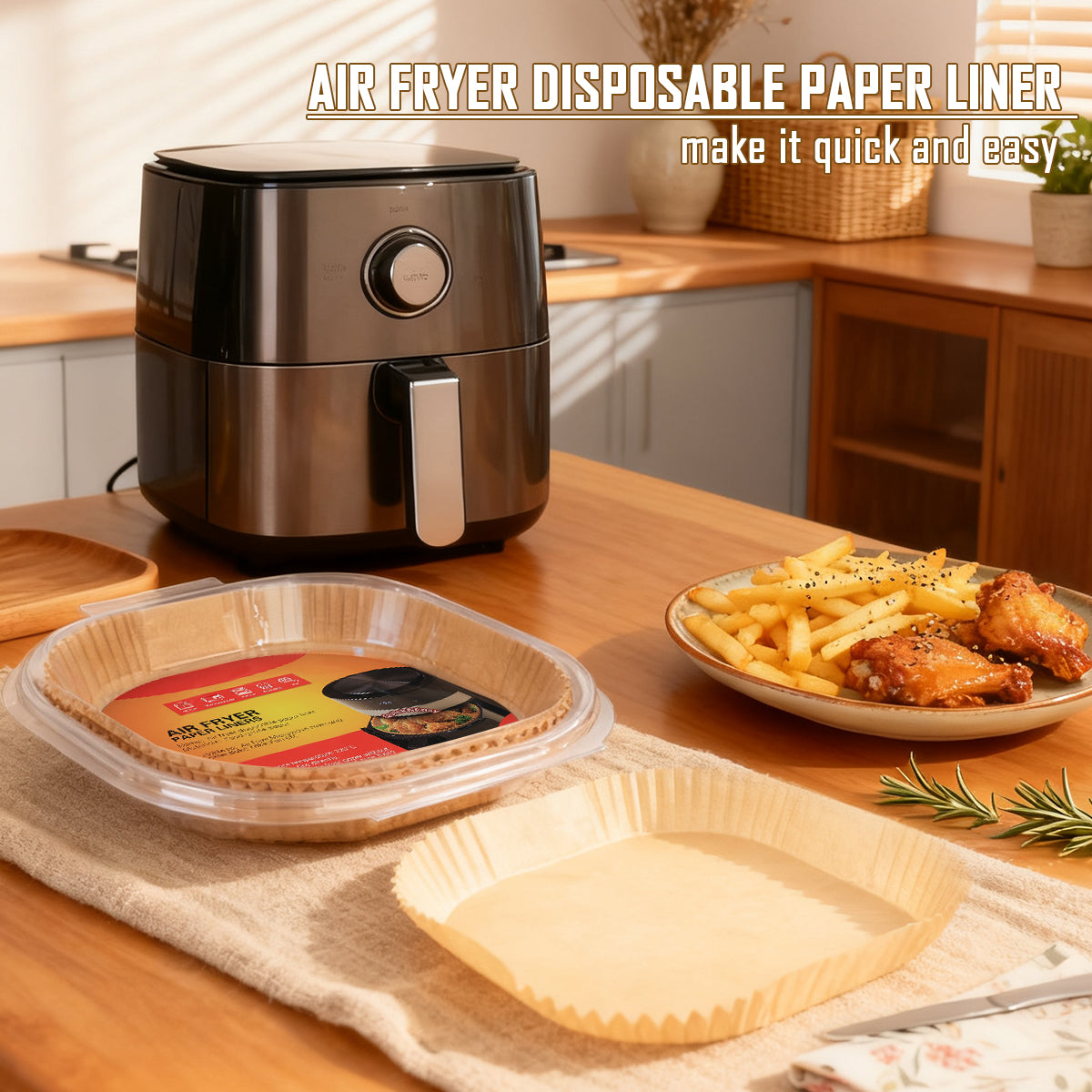 Feuilles de Papier Sulfurisé pour Friteuse à Air, Carrés Antiadhésifs Prédécoupés pour un Nettoyage Facile, Inserts Jetables pour Panier, Cuisson Sans Salissure 100pcs 23*23*4.5cm