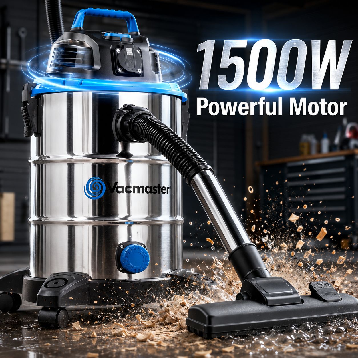 Vacmaster VQ1530SFDC 1500W 30L Aspirateur Eau et Poussière 3-en-1 avec Souffleur, Inox, Prise Intégrée pour Outils Électriques, avec ou sans Sac