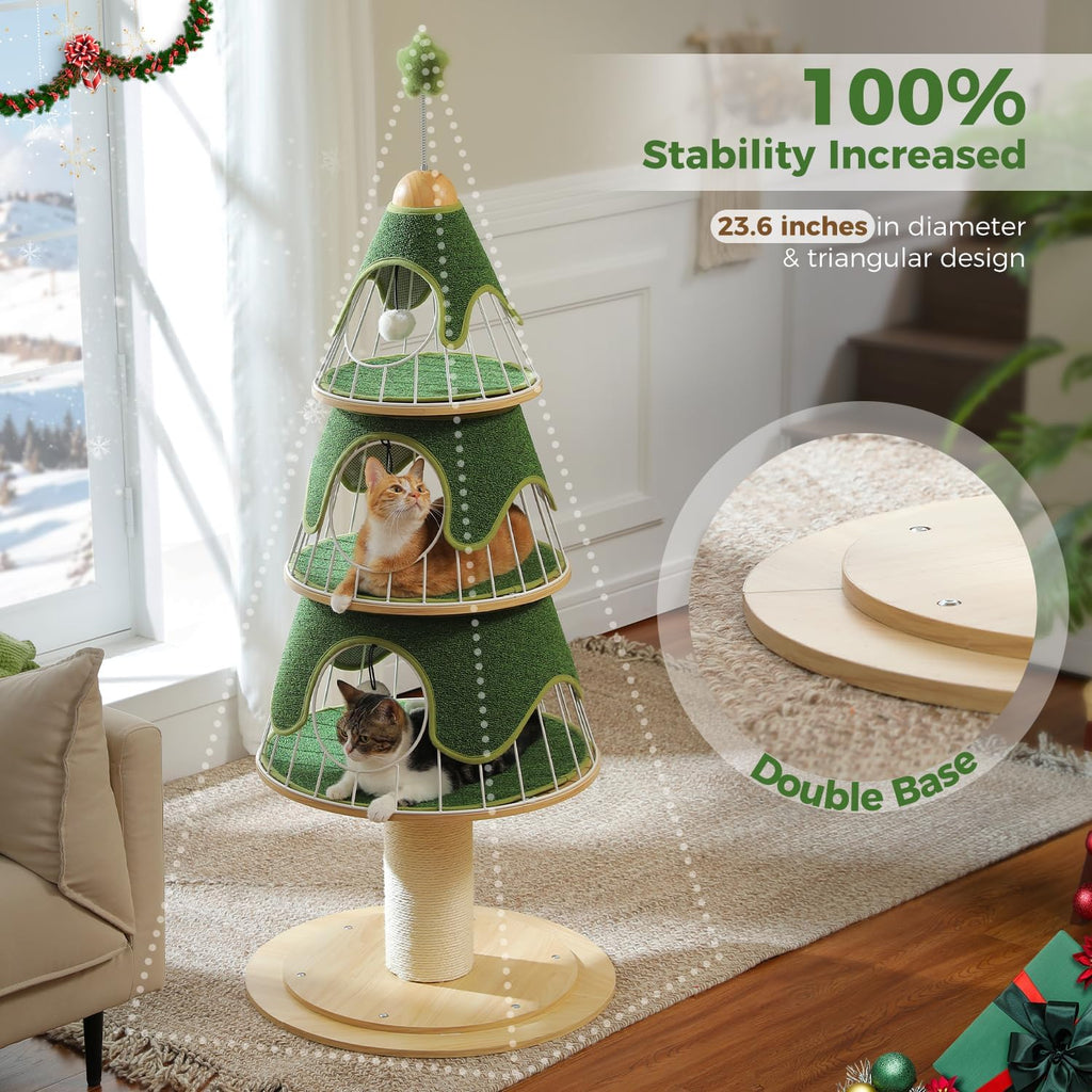 PAWZ Road 130 cm arbre à chat de Noël, tour pour chat avec griffoir recouvert de sisal de 14 cm et 3 grandes niches pour chat, grand griffoir pour chat pour chats d'intérieur, vert