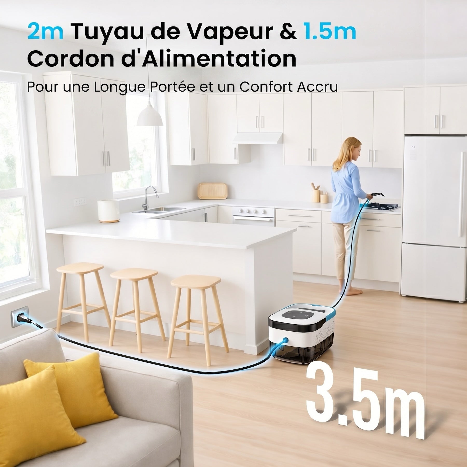 monsga Nettoyeur vapeur 1500 W à chauffe rapide, Prêt en 15 s & Pression de 3,5 bar, Grand réservoir de 1,6 L pour nettoyage de 120 m², Nettoyeur vapeur polyvalent robuste avec kit d’accessoires, Blanc