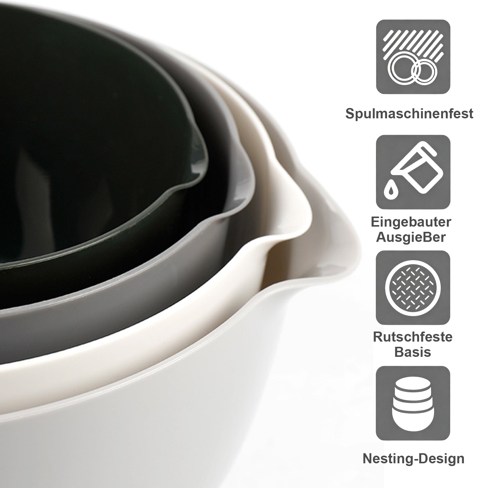 Sunyana Ensemble de bols de mélange, 4 pièces, Gris, Sans BPA, Fond antidérapant, Empilable, Réutilisable, Convient pour la pâtisserie, la préparation des repas et les salades