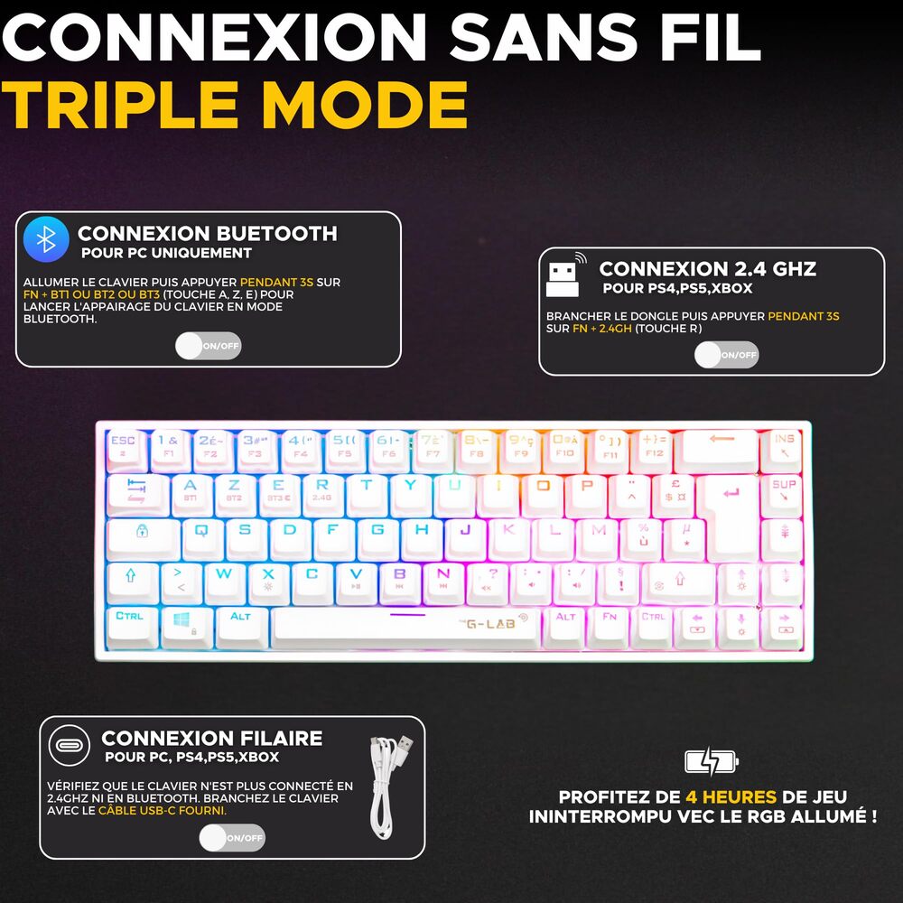 THE G-LAB Keyz Titanium Clavier Gaming Mécanique Switch Rouge Triple Mode RGB 65 % - AZERTY - Blanc