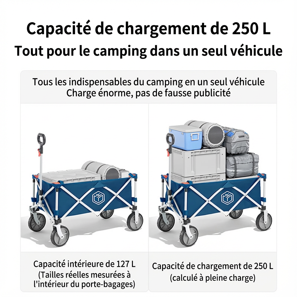 Ochama Chariot de camping pliable compact 127 L Jaune sable, Charge 200 kg, Capacité empilable 250 L, Roues pivotantes 360° à double frein, Rangement gain de place