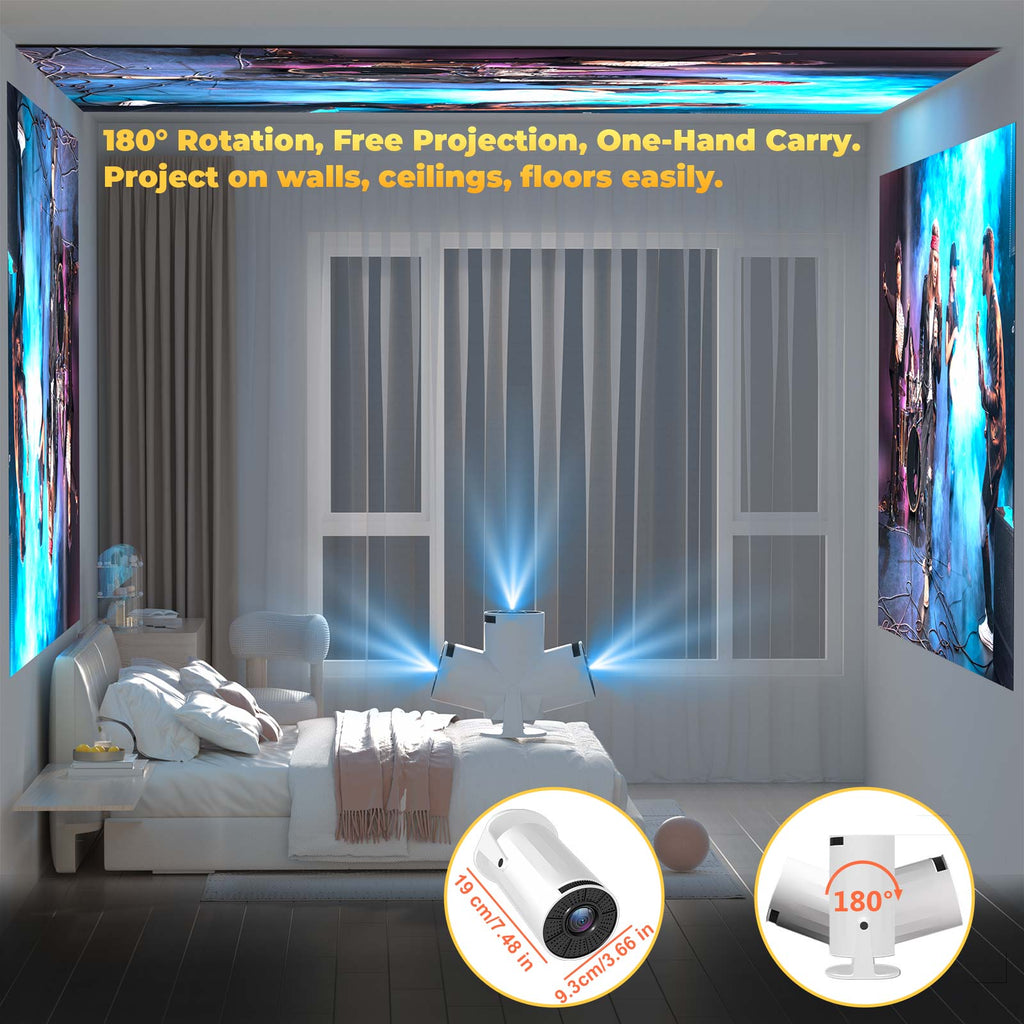 XBJ Projecteur portable blanc avec WiFi 6 et Bluetooth 5.2, mini projecteur intelligent, HD 1080p (décodage 4K), système Android 11, correction trapézoïdale automatique + rotatif à 180°, 300 ANSI, écran 40-200 pouces pour chambre, intérieur/extérieur