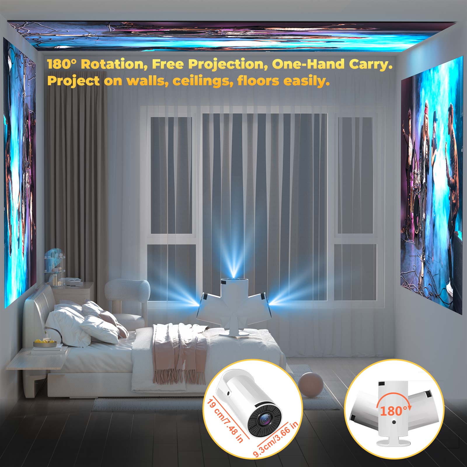 XBJ Projecteur portable blanc avec WiFi 6 et Bluetooth 5.2, mini projecteur intelligent, HD 1080p (décodage 4K), système Android 11, correction trapézoïdale automatique + rotatif à 180°, 300 ANSI, écran 40-200 pouces pour chambre, intérieur/extérieur