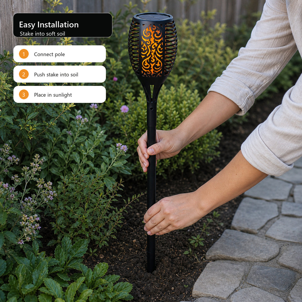 Arlgsite Lot de 2 torches solaires de jardin 96 LED, luminaires de torches avec effet flammes dansantes, IP65 résistants à la poussière et aux projections d’eau