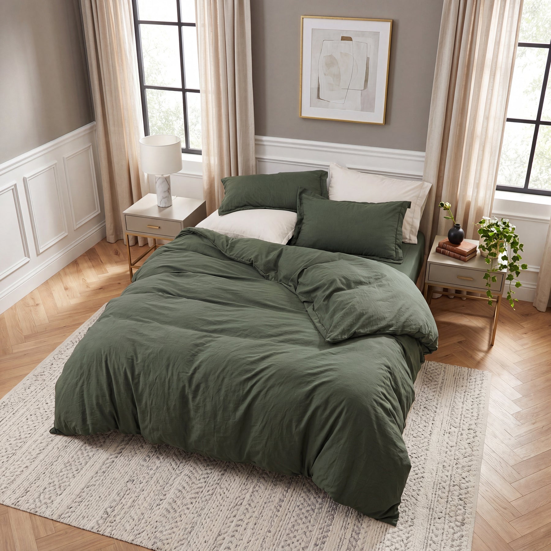 Parure de lit 3 pièces 155 x 220 cm - Vert olive - Fabriqué en coton doux prélavé - Aspect coton - Certifié Oeko-Tex