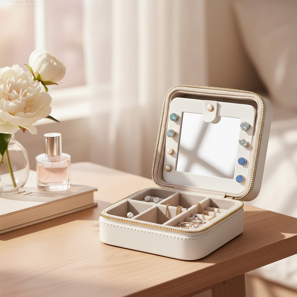 JOYFURNOS Coffret à Bijoux Compact, Rangement Portable avec Miroir, Fermeture Éclair, PU, Blanc