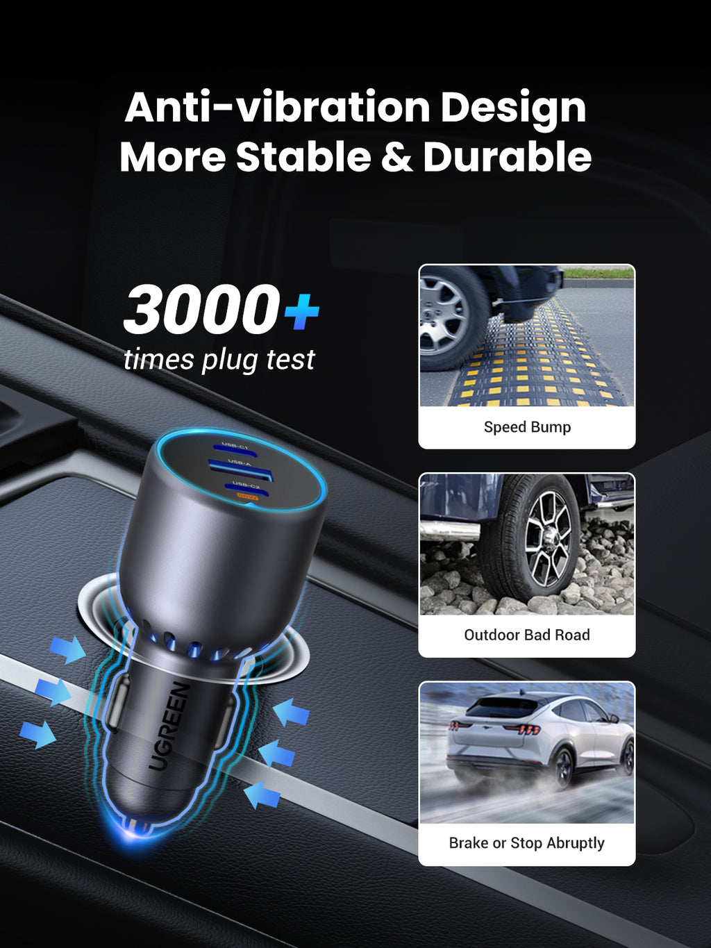 UGREEN chargeur de voiture 75W 2C1A compatible avec plusieurs téléphones et tablettes