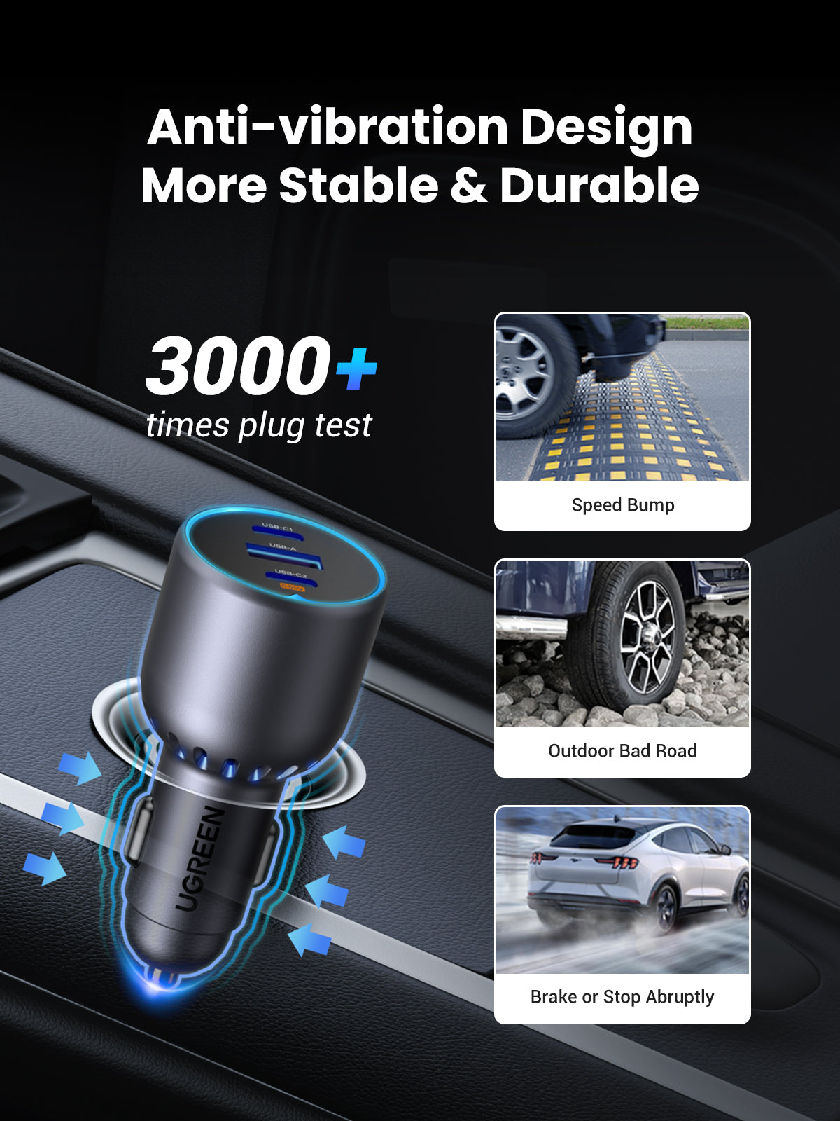 UGREEN chargeur de voiture 75W 2C1A compatible avec plusieurs téléphones et tablettes