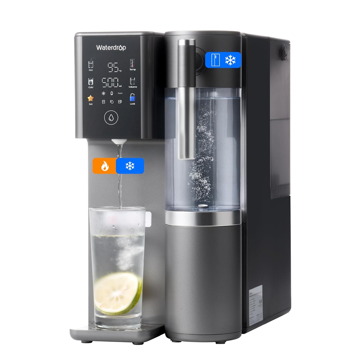 Système d’Osmose Inverse de Comptoir Waterdrop WD-A2 pour la Maison, Refroidisseur d’Eau Sans Bouteille avec Réservoir Portatif, Eau Froide, 6 Réglages de Température, Rapport 3:1 Eau Pure/Drain